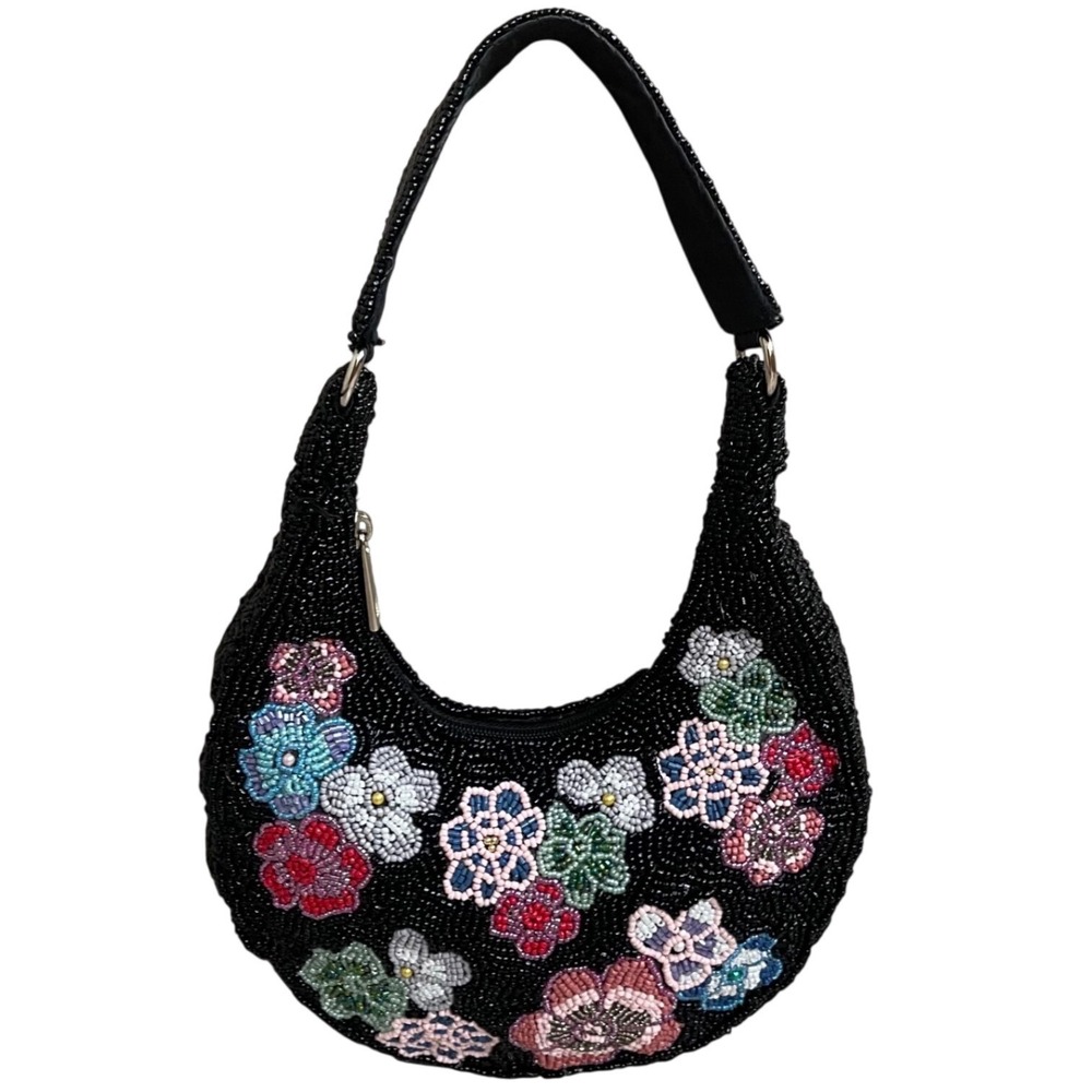 Studio 12 Black Beaded Floral Hobo Shoulder Bag Crescent Y2K Small Purse